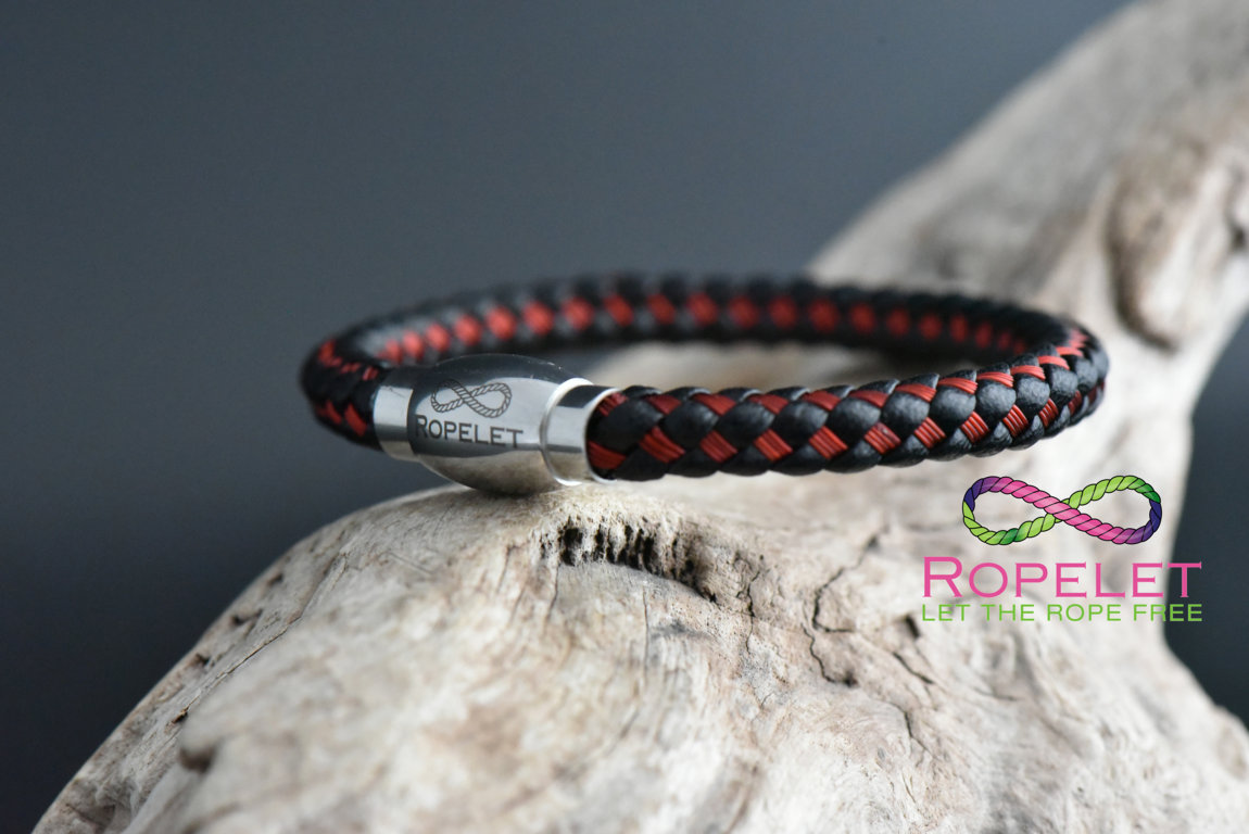 Black leather and red stainless bracelet made at www.ropelet.co.uk , jewelry , mens bracelet, mens fashion, mens gift, mens jewelry