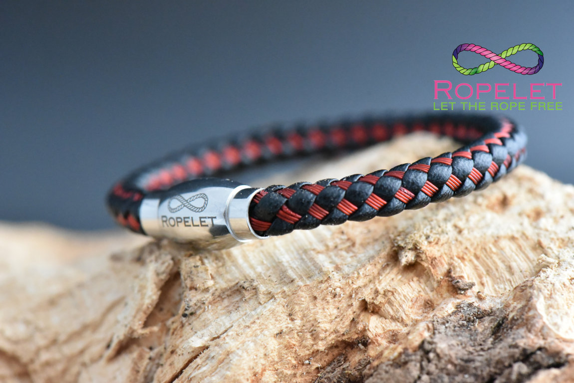 Black leather and red stainless bracelet from  www.ropelet.co.uk with magnetic non locking clasp